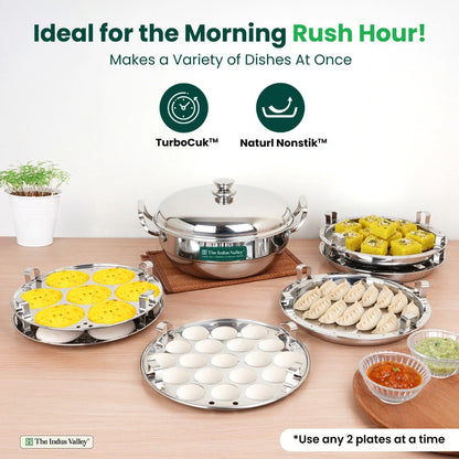 14 Pit Premium Tri-ply Stainless Steel multipot with 1 mini idli plate, Idli/ Momo Maker/ Veg Steaming Set, Tri-ply Induction and gas friendly, 6 Plates