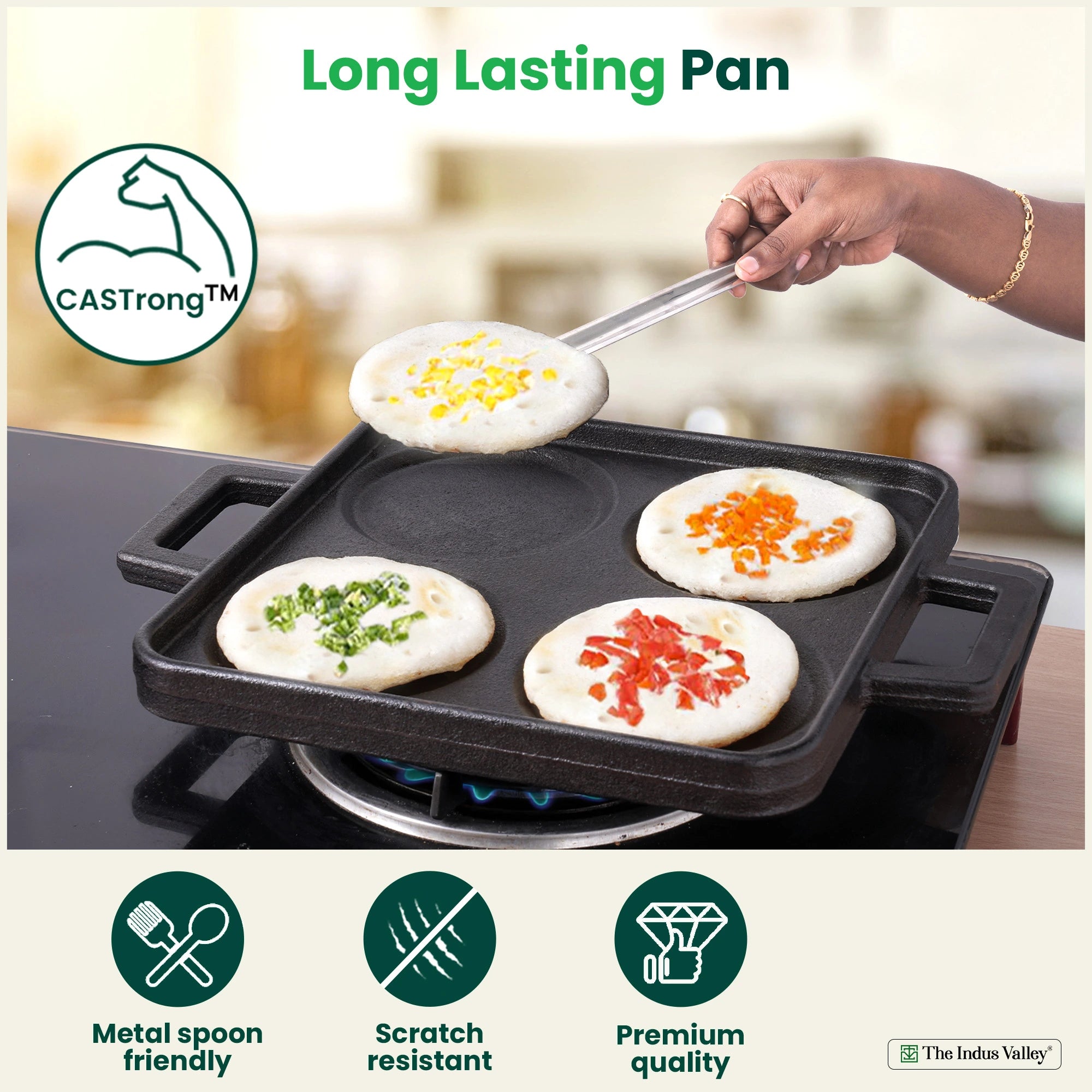 4 Pit CASTrong Cast Iron Uttapam/ Set Dosa Tawa 24cm,Pre-seasoned, Toxin-free