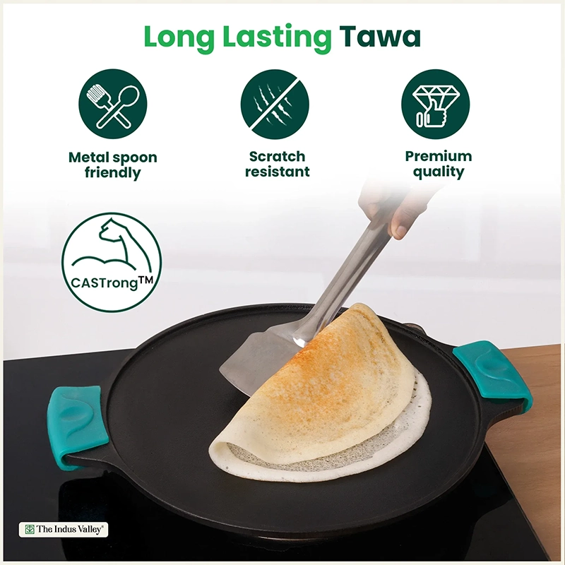 CASTrong Cast Iron Double Handle Tawa 30.2 cm with Silicon Handle, Pre-seasoned, Naturally Nonstick, 100% Pure, Toxin-free, Dosa Tawa for Kitchen Use 2.4 kg, Induction and Gas