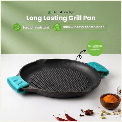 CASTrong Cast Iron Round Double Handle Grill Pan 22cm with Silicone Grip, Pre-seasoned, 100% Pure, Toxin-free, Induction & Gas Compatible