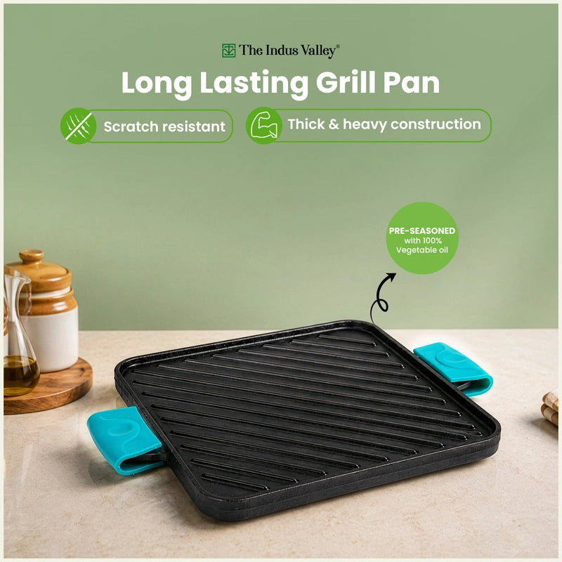 CASTrong Cast Iron Square Griddle / Grill Pan 10.5 Inch with Silicone Grip, Pre-seasoned, 100% Pure, Toxin-free, Induction Compatible
