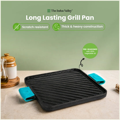 CASTrong Cast Iron Square Griddle / Grill Pan 10.5 Inch with Silicone Grip, Pre-seasoned, 100% Pure, Toxin-free, Induction Compatible