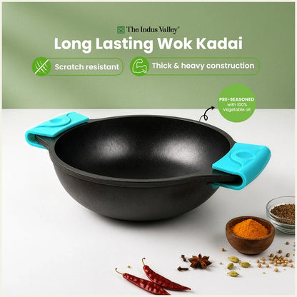 Super Smooth CASTrong Cast Iron Kadai / Wok 18.3cm & 20.7cm with Silicone Grip, Naturally Non-stick, Premium Quality, 100% Pure, Toxin-free