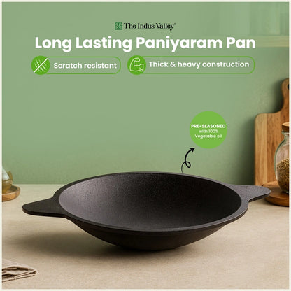 Premium CASTrong Cast Iron Appam Pan 21.6cm, Pre-seasoned, Naturally Nonstick, 100% Pure, Toxin-free, Induction & Gas Compatible