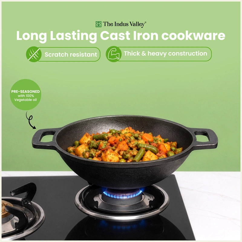 Super Smooth Cast Iron Cookware Set: (30cm)Tawa+ (26cm)Kadai+ (24.8cm)Fry Pan, Kitchen Set for Home, Pre-seasoned, 100% Pure, Toxin-free, Free ₹400 Tadka Pan
