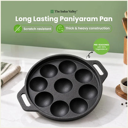 Super Smooth 21 cm 9 Pit/Cup Cast Iron Paniyaram/Appe Pan, Pre-seasoned, Natural Nonstick, 100% Pure, Toxin-free,21 cm, 1.53 kg