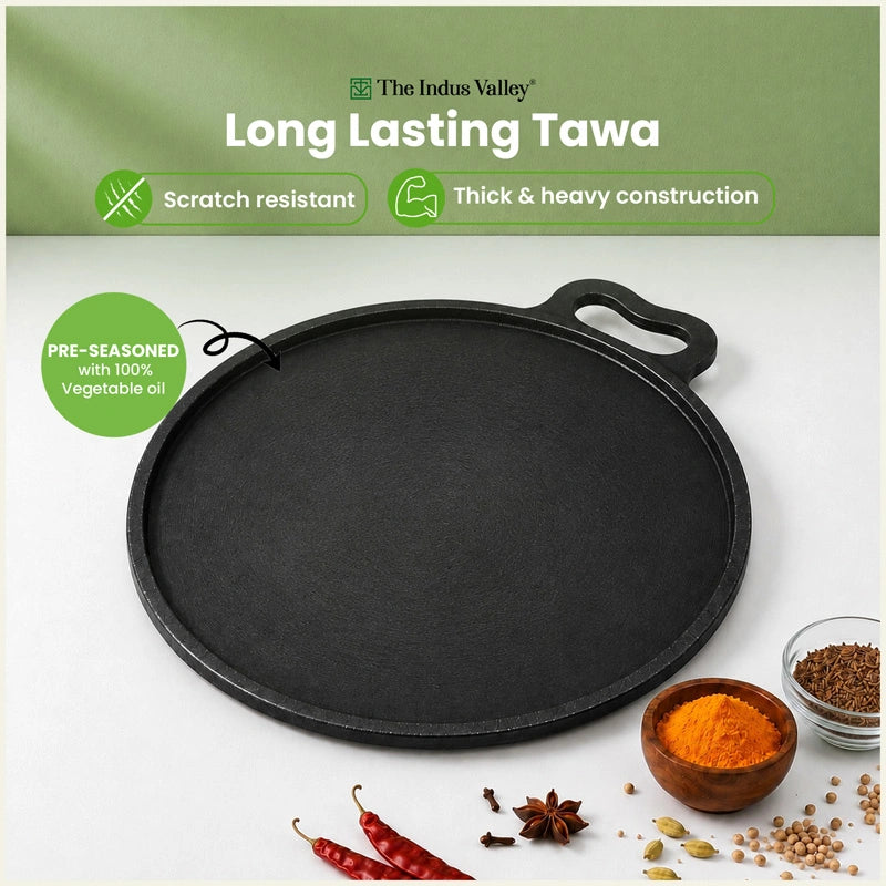 CASTrong Cast Iron Dosa Tawa 26.8 cm+ Wooden Flipper, Pre-seasoned, 100% Pure, Toxin-free, Induction & Gas Compatible
