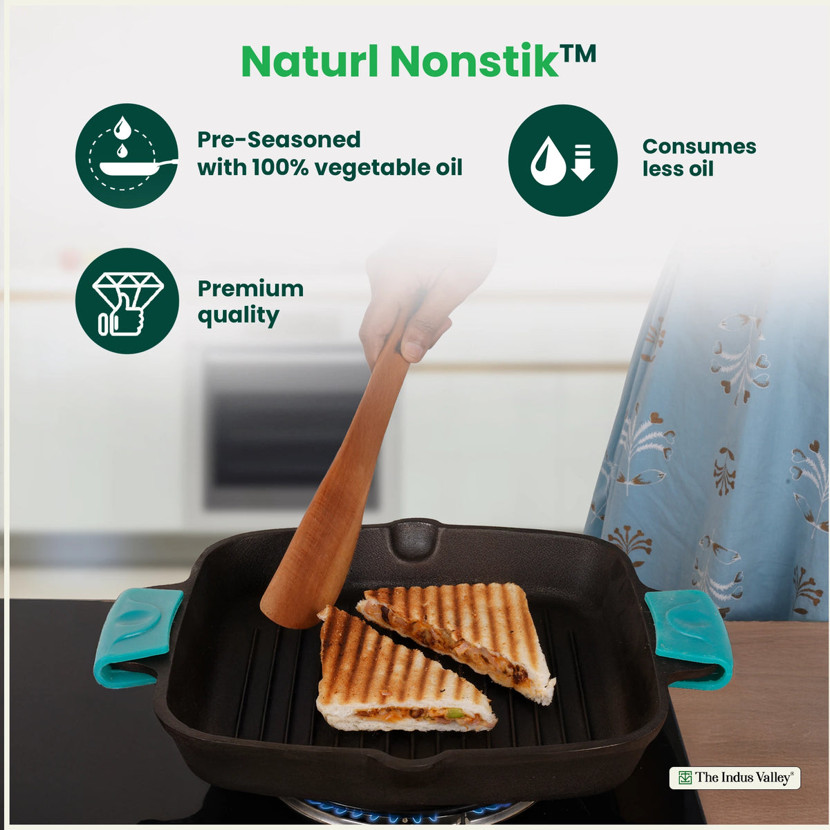 CASTrong Cast Iron Double Handle Grill Pan 26.5 cm with Silicon Handle, Pre-seasoned, Naturally Nonstick, 100% Pure, Toxin-free Grill Pan for Kitchen Use 2 kg