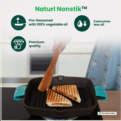 CASTrong Cast Iron Double Handle Grill Pan with Silicon Handle, Pre-seasoned, Naturally Nonstick, 100% Pure, Toxin-free Grill Pan for Kitchen Use, 10.4 In/26.5 cm/2 kg