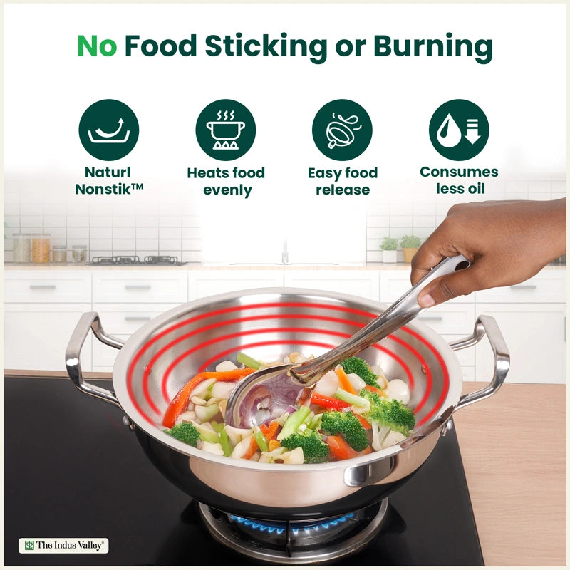 Tri-ply Stainless Steel Deep Kadai with Steel Lid 20cm/22cm/24cm/26cm/28cm, Premium Quality, 3 Layer Thick Body, 100% Toxin-free, Non-stick, Induction & Gas