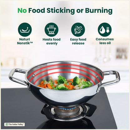 TurboCuk Tri-ply Stainless Steel Cookware Set: 24cm Kadai with Lid + 22cm Fry Pan + 16cm Sauce pan, Premium Quality, 3 Layer Thick Body, 100% Toxin-free, Non-stick, Induction & Gas