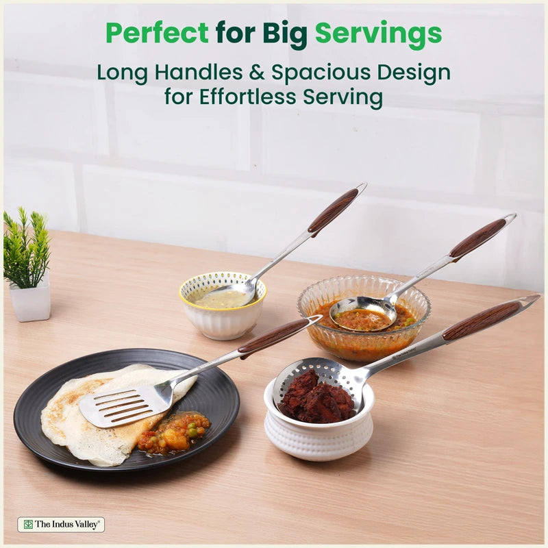 Premium Stainless Steel Ladle Set with Woody Handle – Set of 4 | Solid Spoon, Slotted Turner, Skimmer & Ladle | Heat-Resistant, 100% Food-Safe, Rust-Free, Easy to Clean
