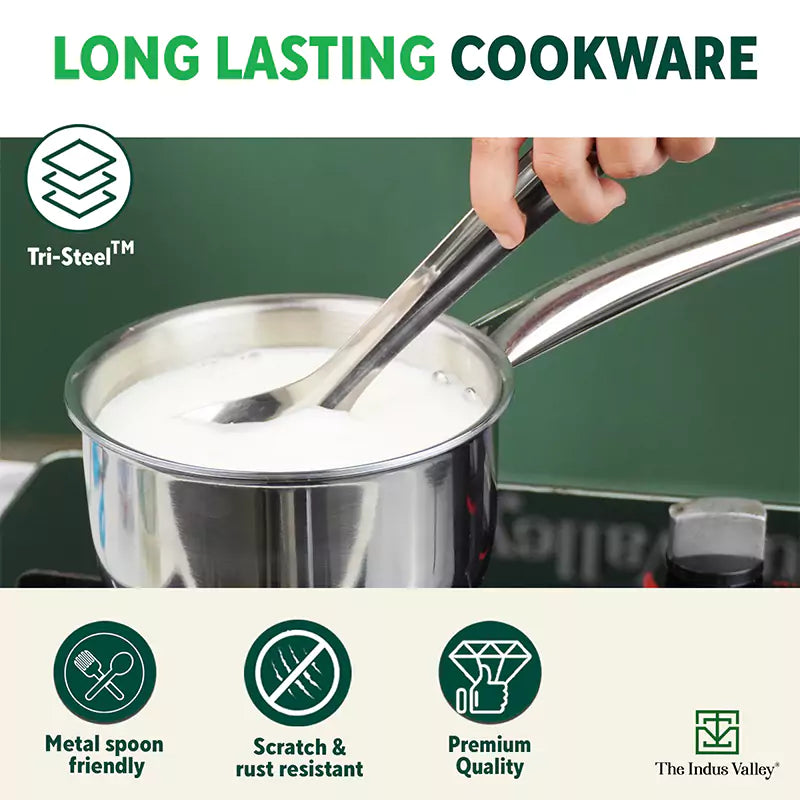 TurboCuk Tri-ply Stainless Steel Cookware Set: 2.2L Kadai+ 1.4L Frypan+ 1.2L Tea/Milk pan, Premium Quality, 3 Layer Thick Body, 100% Toxin-free, Non-stick, Induction & Gas