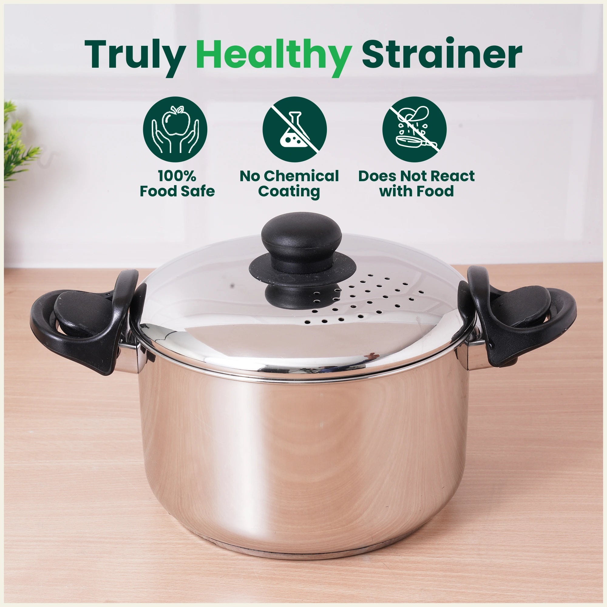 Premium Stainless Steel Rice Pot with Strainer Lid & Lock free Bakelite Handles 2.5/3.5L/5L, Tri-ply 3-Layer Heavy Bottom | Noodle/Pasta/Corn/Soya/Veggies Boiler Pot, Steamer Cooker, Induction & Gas