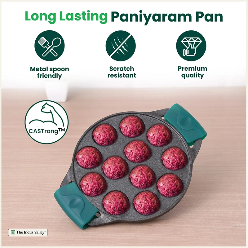12 Pit/Cup CASTrong Cast Iron Paniyaram/Appe Pan 20.8 cm, Pre-seasoned, with Double Handle Silicone Grip,Toxin-free 2.2 kg, Induction & Gas
