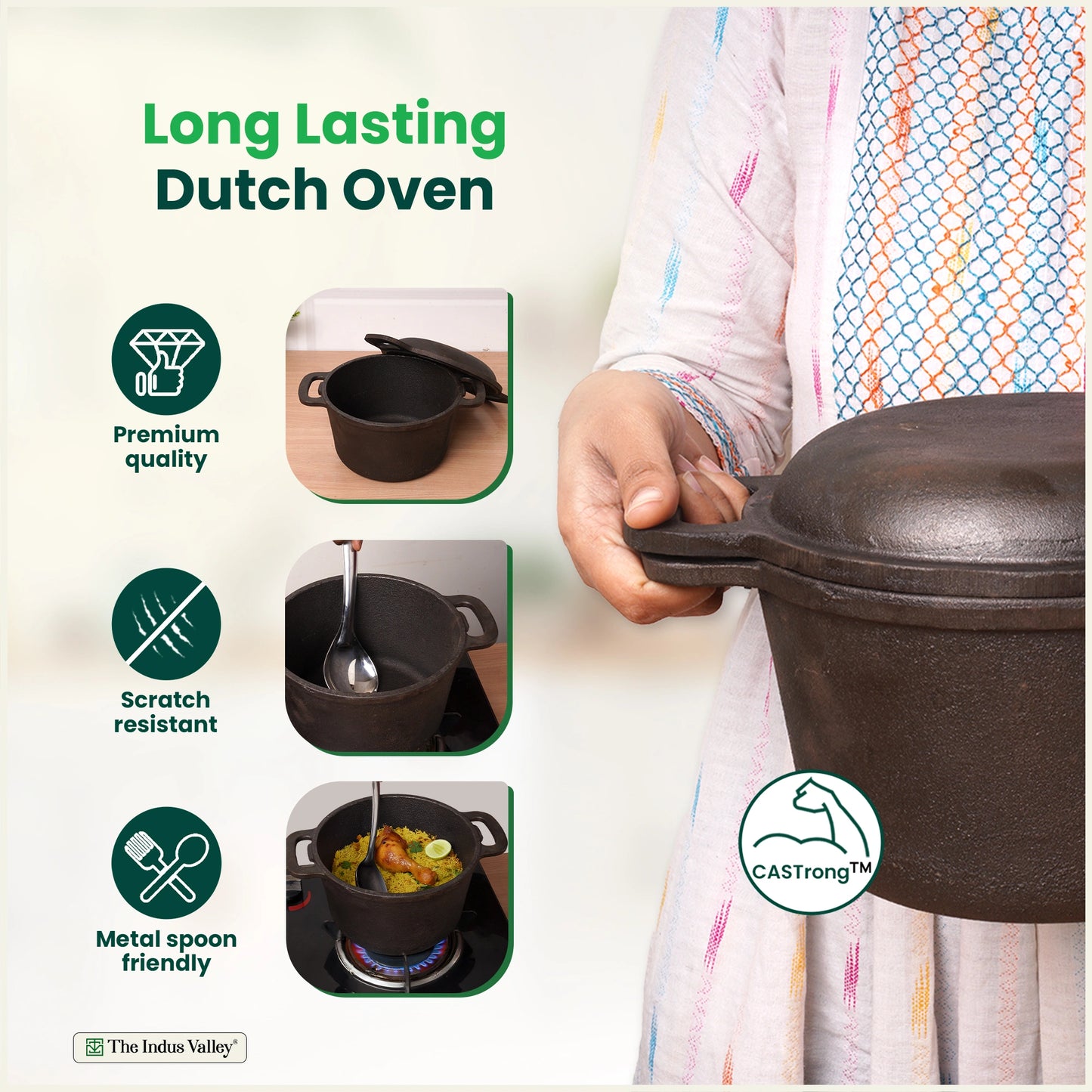 CASTrong Cast Iron Dutch Oven/ Casserole with Lid,Pre-seasoned, 100% Pure, Toxin-free, Induction, 21.4cm, 3L, 5.5kg