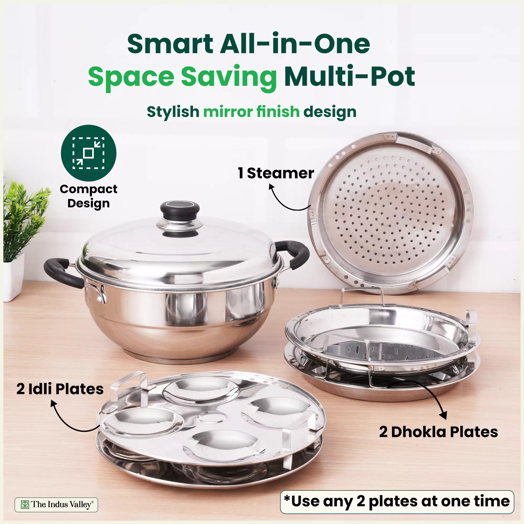 8 Pit Tri-Steel Multi Pot 3L Premium Stainless Steel Idli/ Dhokla/ Momo Maker/ Veg Steaming Set, Tri-ply Induction Bottom, 5 Plates