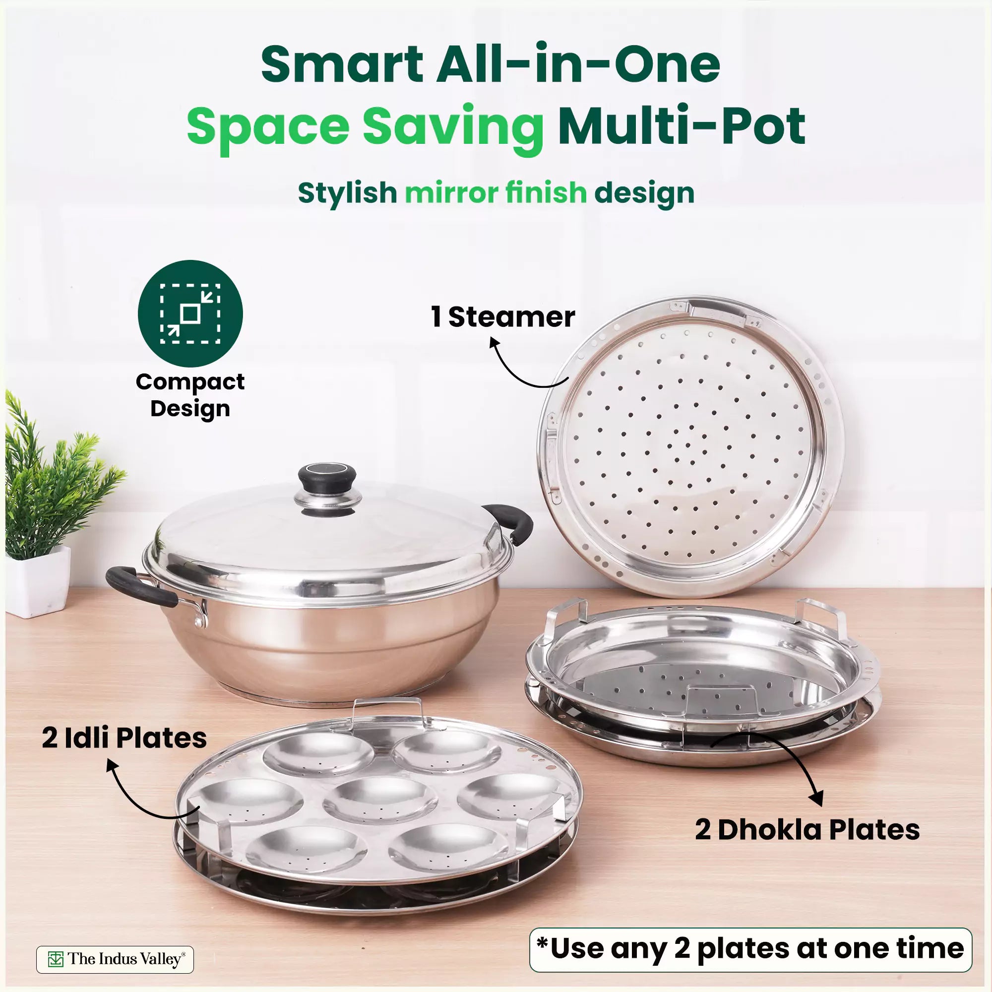 14 Pit Tri-Steel Multi Pot 4.2L Premium Stainless Steel Idli/ Dhokla/ Momo Maker/ Veg Steaming Set, Tri-ply Induction Bottom, 5 Plates