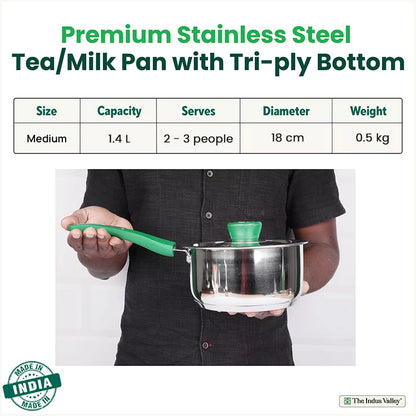 Tri-Steel Stainless Steel Tea/Milk Pan+ Lid, Premium Quality, Tri-ply (3 Layer) Bottom, Soft-touch Handle, 100% Toxin-free, Non-stick, Induction & Gas, 1.6L, 16cm H