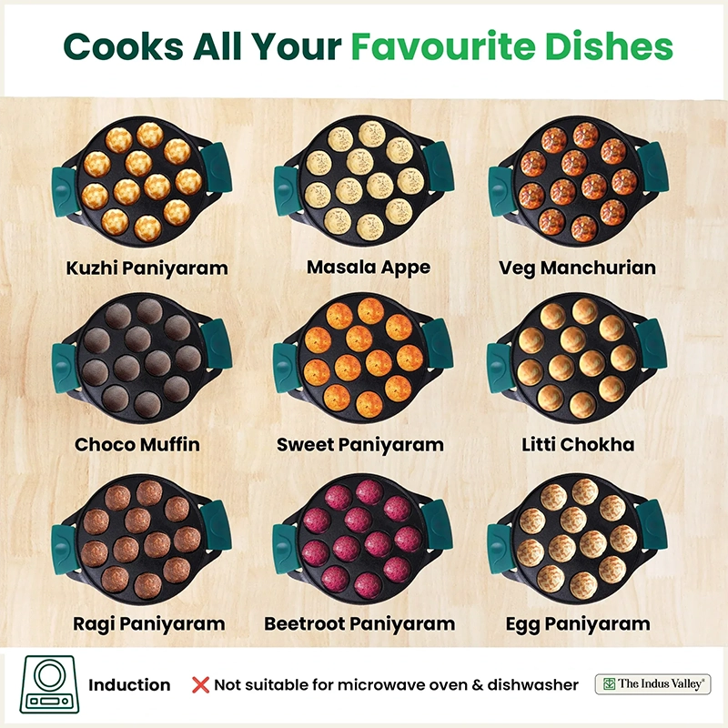 12 Pit/Cup CASTrong Cast Iron Paniyaram/Appe Pan 20.8 cm, Pre-seasoned, with Double Handle Silicone Grip,Toxin-free 2.2 kg, Induction & Gas