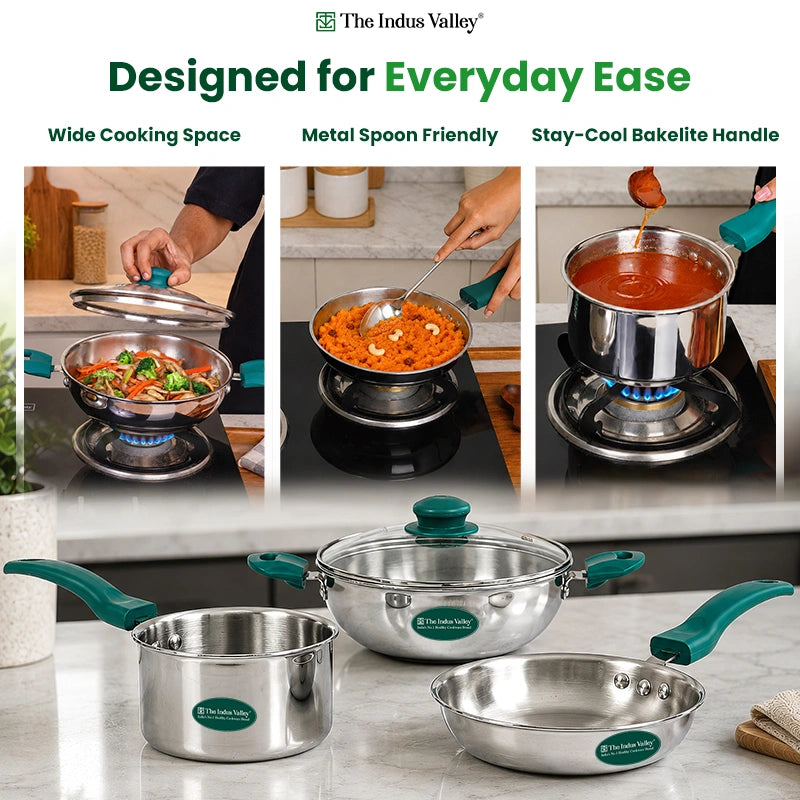 Premium Tri-ply Cookware Set: Kadai with Glass Lid(20cm)+Saucepan(14cm)+ Frypan(18cm)with Glass Lid, Tri-ply (3 Layer) Bottom, Induction & Gas