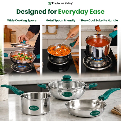 Premium Tri-ply Cookware Set: Kadai with Glass Lid(20cm)+Saucepan(14cm)+ Frypan(18cm), Tri-ply (3 Layer) Bottom, Induction & Gas