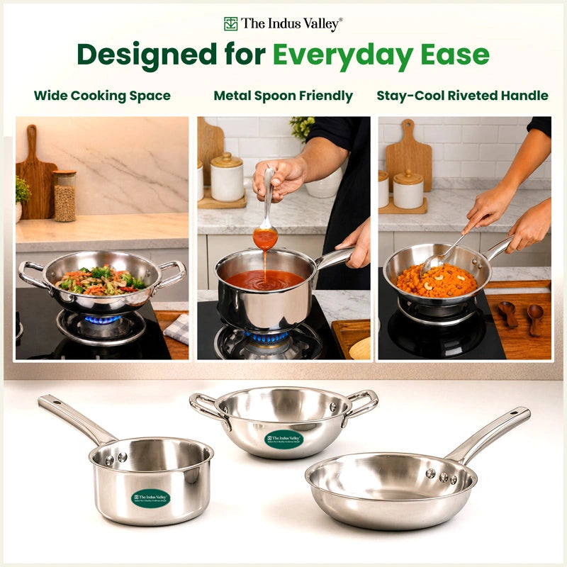 Tri-ply Stainless Steel Cookware Set: 20cm Kadai + 20cm Fry Pan + 14cm Sauce pan, Premium Quality, 3 Layer Thick Body, 100% Toxin-free, Non-stick, Induction & Gas