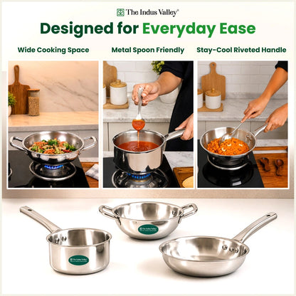 Tri-ply Stainless Steel Cookware Set: 20cm Kadai + 20cm Fry Pan + 14cm Sauce pan, Premium Quality, 3 Layer Thick Body, 100% Toxin-free, Non-stick, Induction & Gas