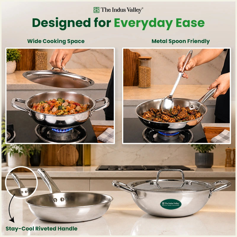 Tri-ply Stainless Steel Cookware Set: Kadai with SS lid -22cm + Frypan - 22cm, Premium Quality, 3 Layer Thick Body, 100% Toxin-free, Non-stick, Induction & Gas