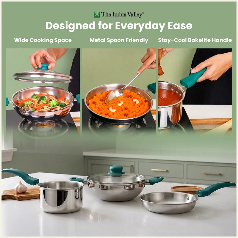 Premium Tri-ply Cookware Set: Kadai with Glass Lid(20cm)+Saucepan(14cm)+ Frypan(18cm)with Glass Lid, Tri-ply (3 Layer) Bottom, Induction & Gas