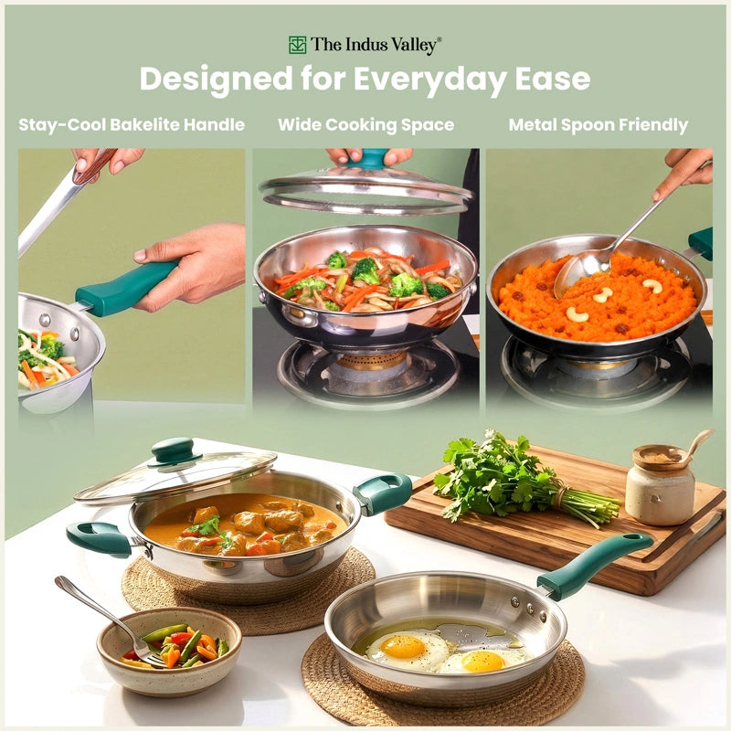 Premium Tri-ply Cookware Set: Kadai with Glass Lid(22cm)+ Frypan(22cm), Tri-ply (3 Layer) Bottom, Induction & Gas