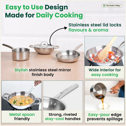 TurboCuk Tri-ply Stainless Steel Cookware Set: 24cm Kadai with Lid + 22cm Fry Pan + 16cm Sauce pan, Premium Quality, 3 Layer Thick Body, 100% Toxin-free, Non-stick, Induction & Gas