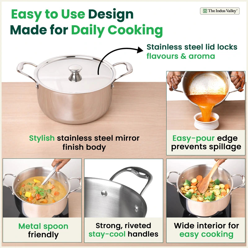Tri-ply Stainless Steel Biryani Pot/ Casserole/ Sauce Pot with Steel Lid 3.2L/3.7L/5.5L/8.5L, Premium Quality, 3 Layer Thick Body, 100% Toxin-free, Non-stick, Induction & Gas