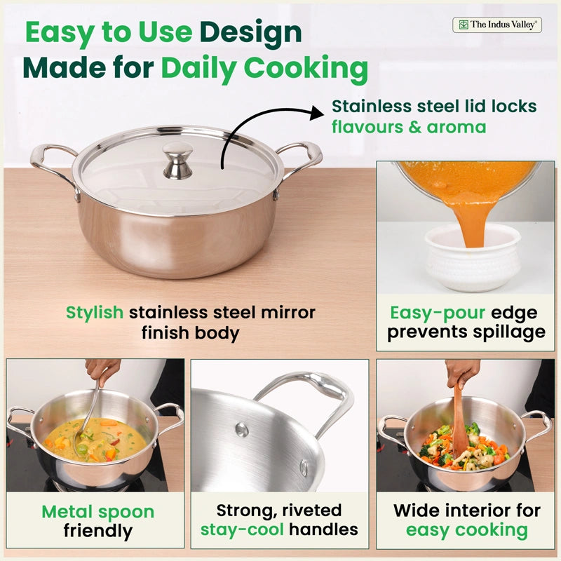 Premium Quality Tri-ply Stainless Steel Short Biryani Pot/Casserole/Stock Pot with Steel Lid 2.5L / 4.0L / 6.5L, 100% Toxin-free, Wide Base, 3 Layer Thick Body, Non-stick, Induction & Gas