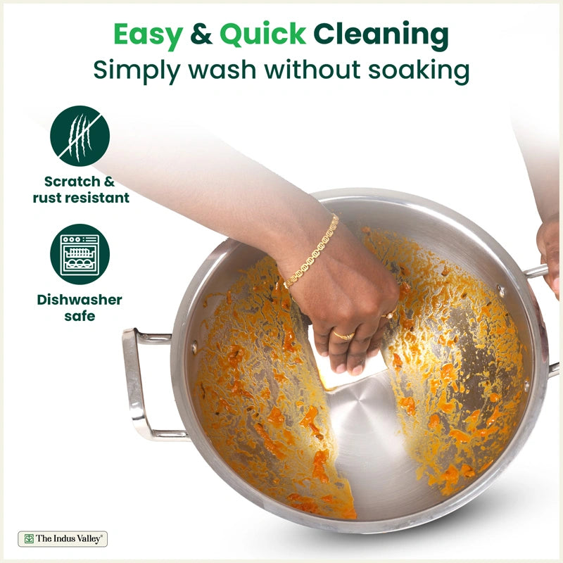 Tri-ply Stainless Steel Deep Kadai with Steel Lid 20cm/22cm/24cm/26cm/28cm, Premium Quality, 3 Layer Thick Body, 100% Toxin-free, Non-stick, Induction & Gas