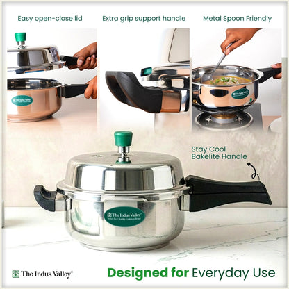 Premium Stainless Steel Outer Lid Pressure Pan 3/5L, Premium Quality, 3 Layer Heavy Bottom, 100% Food-safe, ISI Certified, 3 Yr Warranty, Induction & Gas