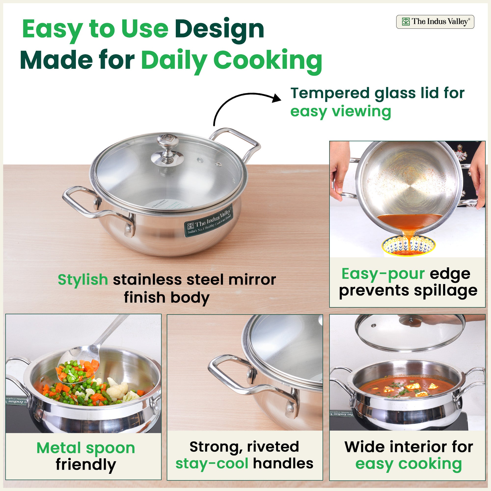 TurboCuk Tri-ply Biryani Cooking Pot/Casserole+ Glass Lid 2L, Wide Handi Shape, Premium Quality, 3 Layer Thick Body, 100% Toxin-free, Non-stick, Induction & Gas