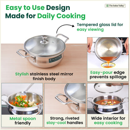 TurboCuk Tri-ply Biryani Cooking Pot/Casserole+ Glass Lid 2L, Wide Handi Shape, Premium Quality, 3 Layer Thick Body, 100% Toxin-free, Non-stick, Induction & Gas