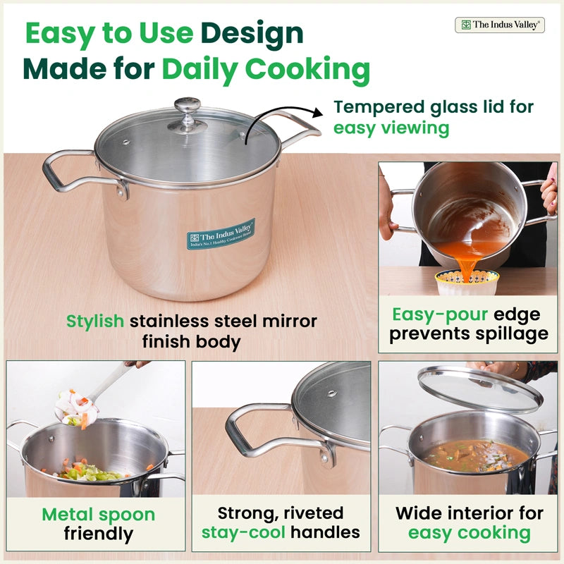 6L TurboCuk Tri-ply Stainless Steel Tall Biryani Pot/Casserole+ Glass Lid, Premium Quality, 3 Layer Thick Body, 100% Toxin-free, Non-stick, Induction & Gas