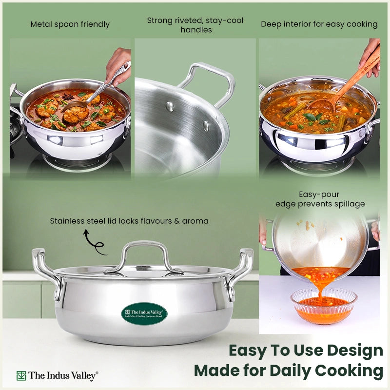 Tri-ply Stainless Steel Uruli with Steel Lid 24cm/28cm/32cm, 3 Layer Thick Body, 100% Toxin-free, Non-stick, Induction & Gas