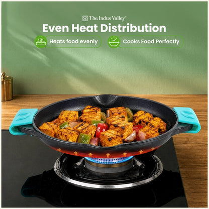 CASTrong Cast Iron Round Double Handle Grill Pan 22cm with Silicone Grip, Pre-seasoned, 100% Pure, Toxin-free, Induction & Gas Compatible