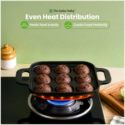 CASTrong Cast Iron Square Paniyaram Pan 9 Pit, Pre-seasoned, Naturally Nonstick, 100% Pure, Toxin-free, 1.67kg