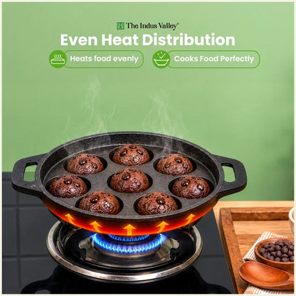 Super Smooth 21 cm 9 Pit/Cup Cast Iron Paniyaram/Appe Pan, Pre-seasoned, Natural Nonstick, 100% Pure, Toxin-free,21 cm, 1.53 kg