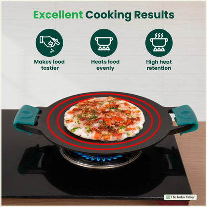 CASTrong Cast Iron Double Handle Tawa with Silicon Handle, Pre-seasoned, Naturally Nonstick, 100% Pure, Toxin-free, Dosa Tawa for Kitchen Use, 11 In/27.9 cm/2 kg