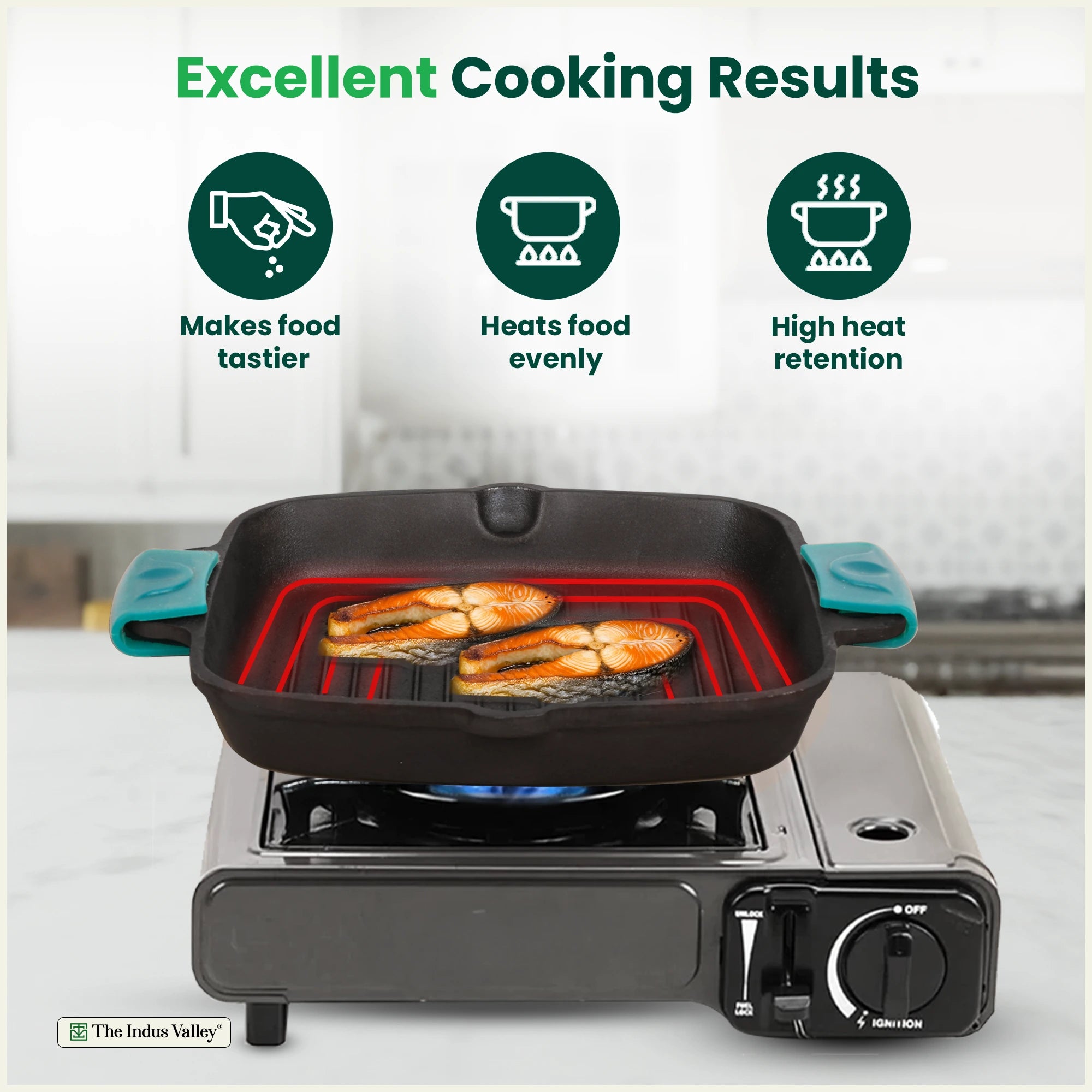 CASTrong Cast Iron Double Handle Grill Pan 26.5 cm with Silicon Handle, Pre-seasoned, Naturally Nonstick, 100% Pure, Toxin-free Grill Pan for Kitchen Use 2 kg