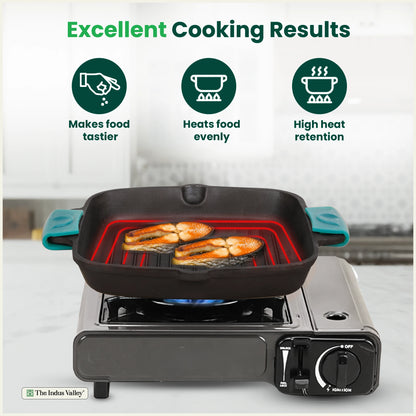 CASTrong Cast Iron Double Handle Grill Pan with Silicon Handle, Pre-seasoned, Naturally Nonstick, 100% Pure, Toxin-free Grill Pan for Kitchen Use, 10.4 In/26.5 cm/2 kg