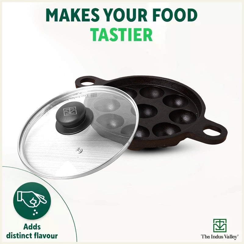 9 Pit/Cup CASTrong Cast Iron Paniyaram/Appe Pan+ Glass Lid 21 cm, Pre-seasoned, Natural Nonstick, 100% Pure, Toxin-free, Gas & Induction