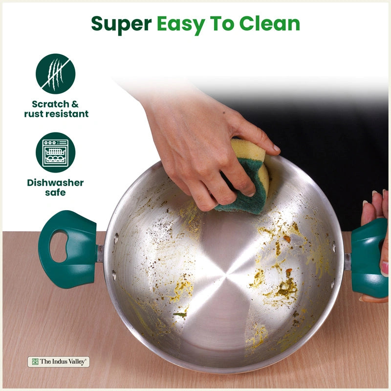 Premium Stainless Steel Impact Bonded Cookware Set: Kadai with Glass Lid(22cm)+Saucepan(16cm)+ Frypan(22cm)with Glass Lid, Tri-ply (3 Layer) Bottom, Induction & Gas