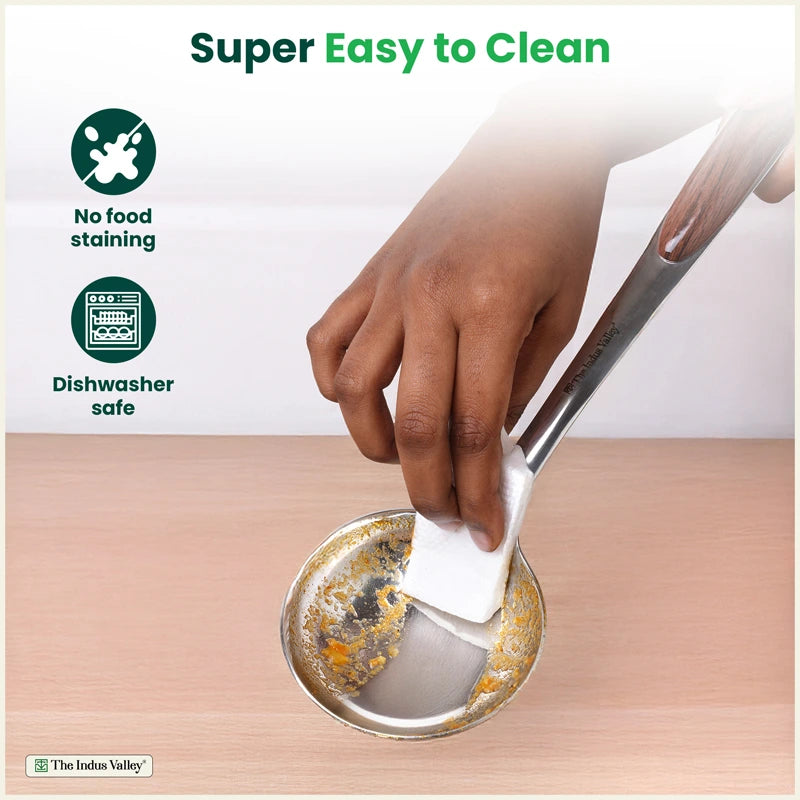 Premium Stainless Steel Ladle Set with Woody Handle – Set of 4 | Solid Spoon, Slotted Turner, Skimmer & Ladle | Heat-Resistant, 100% Food-Safe, Rust-Free, Easy to Clean