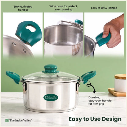 Premium Stainless Steel Impact Bonded Casserole with Glass Lid | 3-Layer Bottom | Induction & Gas Compatible | 20cm / 24cm